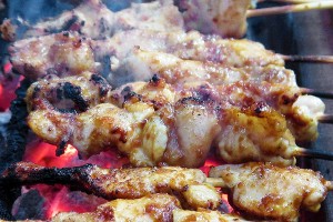 Chicken satay sizzles on the grill. Kids had a blast chopping, frying, and eating!