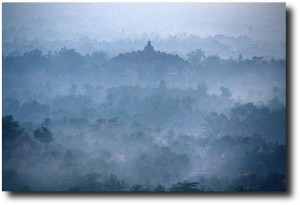 Before the sun came up, the temple site was shrouded in the morning fog