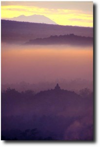 Mist in the Borobudur valley as the sun rises