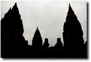 Prambanan's silhouette against the rain clouds