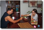 Alea and I engage in the traditional Greek egg-cracking contest. She won, darn it.
